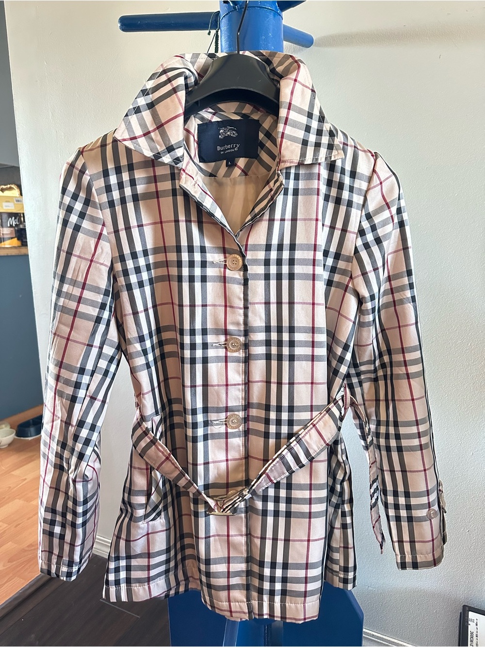 Burberry Beige Nova Check Belted Trench Coat with Black & Red Accents